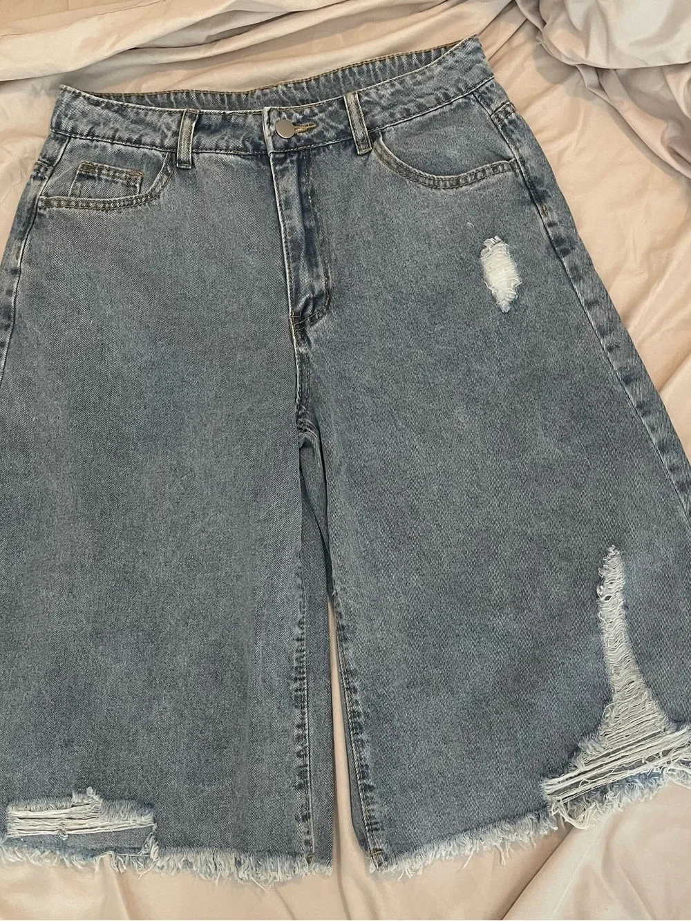 Distressed Light Blue Denim Long Shorts